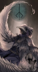 Rule 34 | 1girl, belt, blade of mercy, bloodborne, brown belt, capelet, cloak, coat, commentary request, cowboy shot, dual wielding, eileen the crow, feather-trimmed coat, from below, hat, highres, holding, holding sword, holding weapon, jewelry, looking up, necklace, nq6no7, plague doctor mask, purple cloak, purple hat, solo, sword, weapon, white capelet