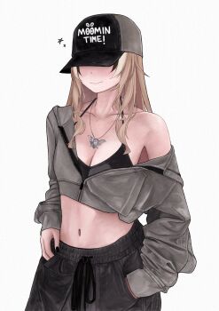 1girl baseball_cap black_bra black_hat black_nails black_streaks bra breasts brown_hair cleavage closed_mouth collarbone commentary covered_eyes cowboy_shot cropped_jacket drawstring grey_jacket grey_pants hand_in_pocket hat highres hololive hololive_english jacket jewelry long_hair long_sleeves medium_breasts midriff multicolored_hair nail_polish nanashi_mumei navel necklace pants simple_background single_off_shoulder sleeve_cuffs sleeves_past_wrists solo streaked_hair sweatpants underwear unmeidesu virtual_youtuber white_background white_streaks
