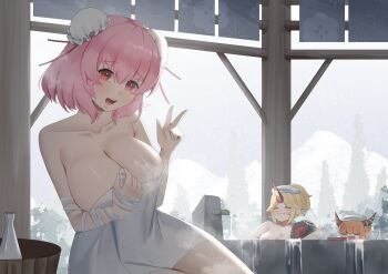 Rule 34 | 3girls, absurdres, alternate costume, alternate hairstyle, bandaged arm, bandages, big onis of gensokyo (touhou), blonde hair, breasts, brown horns, bun cover, cleavage, closed eyes, closed mouth, collarbone, commentary, cup, double bun, facing viewer, fang, fang out, hair bun, highres, horns, hoshiguma yuugi, huge breasts, ibaraki kasen, ibuki suika, long hair, looking at viewer, medium hair, multiple girls, naked towel, no noru, oni, open mouth, orange hair, pink eyes, pink hair, ponytail, red horns, sakazuki, same-sex bathing, shared bathing, single horn, smile, tokkuri, touhou, towel, towel on head, w, water