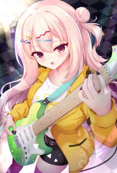 1girl belt black_shorts blush brown_belt checkered_floor chestnut_mouth commentary cowboy_shot crop_top dutch_angle eyelashes eyes_visible_through_hair floating_hair foreshortening guitar hair_between_eyes hair_bun hair_ornament hairclip hakutocake hand_up harumi_ena highres holding holding_guitar holding_instrument holding_plectrum instrument jacket limelight_lemonade_jam long_hair long_sleeves midriff music navel one_side_up open_clothes open_jacket open_mouth parallel_hairclips pink_hair playing_guitar playing_instrument plectrum red_eyes shirt shorts signature single_side_bun solo spotlight stage star_(symbol) star_hair_ornament thighhighs twitter_username very_long_hair watermark white_shirt yellow_jacket zettai_ryouiki