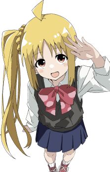 1girl blonde_hair bocchi_the_rock! commentary_request doritos doritos_hair_(meme) dot_nose highres ijichi_nijika long_hair looking_at_viewer maho_ron1 meme open_mouth red_eyes ribbon skirt smile standing very_long_hair