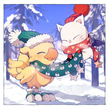 animal beak beanie bird cat closed_eyes commentary day final_fantasy green_hat green_scarf green_socks hat moogle mugi_kosuta no_humans outdoors red_hat red_scarf scarf signature snow socks symbol-only_commentary tree twitter_username winter