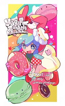 +_+ 1girl :d animal_ears animal_hat artist_name bemani bloomers blue_eyes blue_hair border cake cake_hat colorful_background dessert donut dress fake_animal_ears food frilled_gloves frills gloves hat heart holding holding_donut holding_food kokokashira_(koko_ni_iru) looking_at_food macaron minit's open_mouth outside_border pink_bloomers pink_gloves pink_hat polka_dot_sleeves pop'n_music puffy_short_sleeves puffy_sleeves rabbit_ears rabbit_hat red_shoes red_sleeves shoes short_hair short_sleeves smile solo sweets underwear watermark white_border white_dress