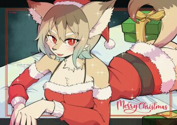 1girl animal_ear_fluff animal_ears breasts brown_fur brown_hair coldsyrup commentary_request dress fox_ears fox_girl fox_tail fur-trimmed_dress fur_trim furry furry_female hat highres looking_at_viewer medium_breasts open_mouth original red_dress red_eyes red_hat santa_costume santa_dress santa_hat smile solo tail