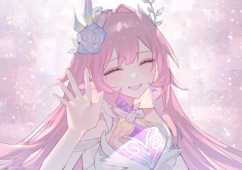 1girl absurdres breasts commentary_request cyrene_(demiurge)_(honkai:_star_rail) cyrene_(honkai:_star_rail) dress earrings flower hair_flower hair_intakes hair_ornament highres honkai:_star_rail honkai_(series) jewelry large_breasts long_hair pink_hair pointy_ears smile solo twitter_username upper_body us2_uoxo very_long_hair white_dress