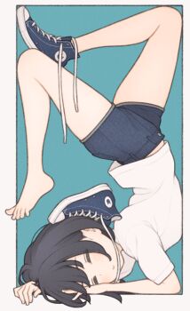 1girl 1ssakawaguchi absurdres aqua_background blue_shoes blue_shorts border brown_hair closed_eyes closed_mouth converse denim denim_shorts highres ichika_(1ssakawaguchi) midriff_peek original outside_border shirt shoes short_hair short_shorts short_sleeves shorts simple_background single_bare_foot single_shoe sneakers solo toes top-down_bottom-up upside-down white_border white_shirt