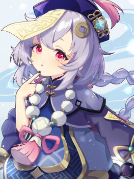 1girl aomo bead_necklace beads black_nails braid braided_ponytail coin_hair_ornament commentary_request cryo_symbol_(genshin_impact) fingernails genshin_impact hair_ornament hat highres jewelry jiangshi long_hair long_sleeves looking_at_viewer nail_polish necklace ofuda ofuda_on_head orb parted_lips purple_hair purple_hat qiqi_(genshin_impact) shoes solo upper_body very_long_hair vision_(genshin_impact)