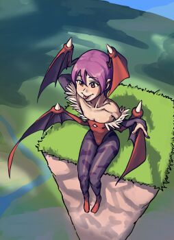 1girl absurdres arm_up bare_shoulders bat_wings block_(minecraft) breasts cleavage cleavage_cutout clothing_cutout darkstalkers day feather-trimmed_leotard floating floating_island grass head_wings highres leotard lilith_(darkstalkers) minecraft outdoors pantyhose piku184 purple_hair red_eyes red_leotard short_hair sky small_breasts smile solo tongue tongue_out wings