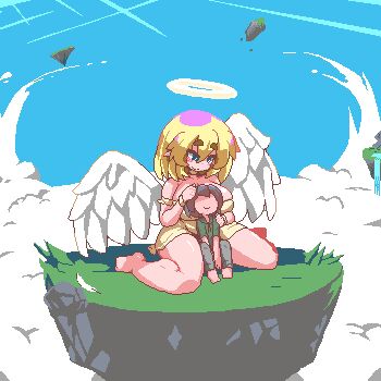1boy 1girl angel animated animated_gif aoihitsuji blonde_hair blue_eyes breasts cloud comforting feathers floating_island halo heart heaven huge_breasts looping_animation original pixel_art rubbing_head smile thighs water waterfall wings