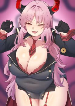 1girl absurdres alternate_body_size bifizu&#039;s_gold black_gloves blue_archive blush bra bra_peek breasts cleavage coin coin_on_string covered_navel gloves highres holding holding_pendulum holed_coin horns hypnotizing_viewer large_breasts long_hair looking_at_viewer mole mole_on_breast multicolored_horns necktie open_mouth pendulum pink_hair plump red_bra red_garter_straps red_horns red_necktie red_wrist_cuffs satsuki_(blue_archive) solo thick_thighs thighs two-tone_horns underwear wrist_cuffs