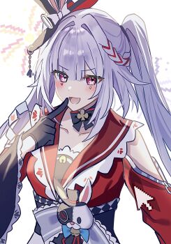 Rule 34 | 1girl, :d, black choker, black gloves, blush, braid, choker, commentary request, dress, facial mark, fang, finger to mouth, gloves, h2o omizu, hat, heart, heart facial mark, highres, honkai: star rail, honkai (series), long hair, mini hat, mini top hat, multicolored hair, open mouth, red streaks, side braid, simple background, skin fang, smile, solo, sparkle (honkai: star rail), sparxie (honkai: star rail), standing, streaked hair, top hat, twintails, two-tone hair, upper body, very long hair, white background, white hair, wide sleeves