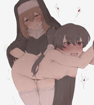 2girls anal anal_fisting black_hair blonde_hair blush breasts fisting habit hair_between_eyes heart licking_lips long_hair mdf_an multiple_girls nipples nude nun nun_(mdf_an) open_mouth original ponytail purple_eyes simple_background small_breasts sweat tears thighhighs tongue tongue_out white_background white_legwear yuri