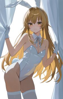 1girl absurdres animal_ears blonde_hair breasts cleavage closed_mouth commentary_request curtains fake_animal_ears gloves highres ienaga_mugi leotard long_hair medium_breasts nijisanji playboy_bunny rabbit_ears smile solo thighhighs tillots virtual_youtuber white_gloves white_leotard white_thighhighs yellow_eyes