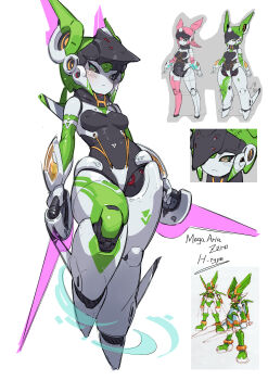 2girls absurdres aria_(robot)_(zenless_zone_zero) aria_(zenless_zone_zero) blacksaw42 blush commentary_request energy_sword fusion highres mega_man_(series) mega_man_zero_(series) metal_skin multiple_girls reference_inset reference_sheet robot_girl sage_harpuia_(mega_man) sword tagme weapon zenless_zone_zero