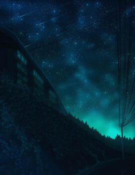 absurdres building commentary_request highres night no_humans original outdoors pizza_(pddc8233) power_lines scenery shooting_star sky star_(sky) starry_sky utility_pole