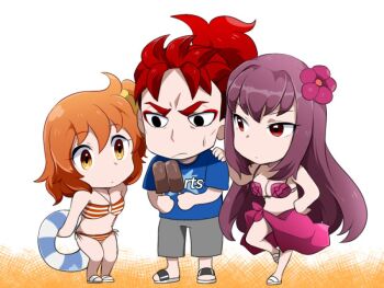 Rule 34 | 1boy, 2girls, bikini, black eyes, breasts, chibi, commentary request, double popsicle, fate/grand order, fate (series), flower, food, frown, fujimaru ritsuka (female), fujimaru ritsuka (female) (brilliant summer), hair flower, hair intakes, hair ornament, hair scrunchie, innertube, korean commentary, li shuwen (fate), li shuwen (young) (fate), medium breasts, multiple girls, one side up, orange eyes, orange hair, ponytail, popsicle, purple hair, purple skirt, red eyes, red hair, sandals, scathach (fate), scathach (fate/grand order), scathach (swimsuit assassin) (fate), scrunchie, shirt, side-tie bikini bottom, skirt, striped bikini, striped clothes, swim ring, swimsuit, t-shirt, uni (unnny)