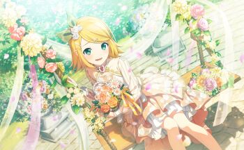 Rule 34 | 1girl, basket, blonde hair, blush, bow, colorful palette, dress, floral print, floral print dress, flower, game cg, green bow, green eyes, hair bow, hair flower, hair ornament, hairclip, highres, holding, holding basket, kagamine rin, leo/need rin, light particles, lower teeth only, official alternate costume, official art, orange dress, orange flower, parallel hairclips, petals, pink flower, print dress, project sekai, sitting, solo, swing, teeth, third-party source, tonari ni tatsu yasashii anata e (project sekai), tongue, vocaloid, white flower