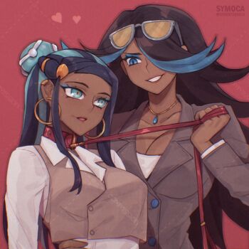 2girls animal_collar artist_name bdsm black_hair blue_eyes blue_hair breasts cleavage collar collarbone commentary commission couple dark-skinned_female dark_skin earrings english_commentary eyewear_on_head femdom grin hair_over_one_eye hoop_earrings jewelry large_breasts long_hair looking_at_another medium_breasts multicolored_hair multiple_girls nessa_(pokemon) nintendo one_eye_covered pokemon pokemon_oras pokemon_swsh shelly_(pokemon) shirt sidelocks smile symoca teeth tinted_eyewear twitter_username two-tone_hair watermark white_shirt yellow-tinted_eyewear yuri