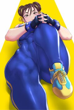 1girl anagumasan blue_bodysuit bodysuit breasts brown_eyes brown_hair capcom chun-li covered_abs cross-laced_footwear double_bun exercising fingerless_gloves gloves hair_bun hair_ribbon highres lying muscular muscular_female no_socks on_back ribbon skin_tight small_breasts solo street_fighter yellow_ribbon