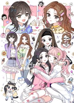 Rule 34 | 5girls, :3, arm warmers, artist request, belt, black belt, black choker, black headband, blue bow, blunt bangs, blush, bow, brown eyes, brown hair, candy, cheek poking, chibi, chibi inset, chiikawa, chinese commentary, choker, collarbone, commentary request, commission, commissioner name, curtained hair, denim, denim skirt, donut, earrings, flower, flower earrings, food, four-leaf clover necklace, frilled choker, frilled skirt, frills, gen 1 pokemon, green shirt, hachiware (chiikawa), hair bow, hair ornament, hairclip, headband, heart, heart hands, highres, holding hands, hug, illit, iroha (illit), jacket, jeans, jellyfish cut, jewelry, juliet sleeves, k-pop, kneehighs, long hair, long sleeves, looking at viewer, loose hair strand, lower teeth only, medium hair, minju (illit), moka (illit), multiple girls, multiple views, necklace, nintendo, one eye closed, pants, pants under skirt, pink bow, pink hair, pink jacket, pokemon, pokemon (creature), poking, puffy sleeves, purple headband, purple shrug, real life, ring, second-party source, shirt, short sleeves, shrug (clothing), skirt, sleeves past wrists, socks, squirtle, striped clothes, striped shirt, teeth, thighhighs, twintails, very long hair, waffle, white choker, white pants, white shirt, white socks, wonhee (illit), y2k fashion, yunah (illit), yuri