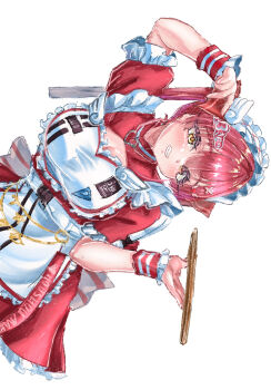 1girl apron breasts cleavage cleavage_cutout closed_mouth clothing_cutout commentary dress heterochromia highres hololive houshou_marine large_breasts long_hair looking_at_viewer maid maid_apron red_dress red_eyes red_hair rorol_reime solo virtual_youtuber white_apron yellow_eyes
