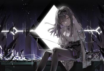 1girl arknights arm_up black_eyes black_hair black_hairband black_pantyhose character_name chinese_commentary closed_mouth commentary_request enddie1060_(tyasakura) feet_out_of_frame hair_between_eyes hairband hand_in_own_hair highres initial light_particles long_hair long_sleeves looking_at_viewer pantyhose priestess_(arknights) prts_logo_(arknights) sitting smile solo