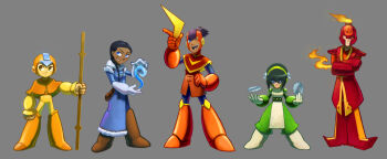 2girls 3boys aang arm_cannon avatar:_the_last_airbender avatar_legends boomerang capcom dark_skin fire fur_trim grey_background hairband helmet katara m-keane mega_man_(classic) mega_man_(series) multiple_boys multiple_girls parody saw_blade scar simple_background sokka staff toph_beifong water weapon zuko