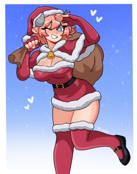 1girl absurdres animal_ears bell belt black_belt black_shoes blue_background blue_eyes body_freckles breast_freckles breasts capelet cleavage commentary cow_ears cow_girl cow_horns dress fingerless_gloves freckles fur-trimmed_dress fur-trimmed_thighhighs fur_trim gloves gradient_background hat heart highres holding holding_sack horns looking_at_viewer neck_bell one_eye_closed original red_capelet red_dress red_hair red_thighhighs sack santa_costume santa_dress santa_hat shoes short_dress short_hair smile solo standing standing_on_one_leg thighhighs triicksyn twitter_username zettai_ryouiki