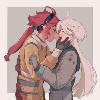 2girls ahoge blood blood_on_clothes blood_on_face border closed_eyes commentary_request gloves grey_gloves grey_hair gundam gundam_suisei_no_majo hand_on_another's_back hand_on_own_face headband highres imminent_kiss long_hair masaru_(kises_j) mecha_pilot_suit miorine_rembran multiple_girls normal_suit_(gundam) parted_lips partial_commentary ponytail red_hair spacesuit spoilers square suletta_mercury upper_body yuri