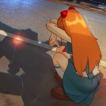 1girl arms_up artist_request ass brown_hair cat_shadow_puppet_(meme) english_text eva_01 glowing glowing_eye insult long_hair meme neon_genesis_evangelion road school_uniform shadow simple_background skirt solo souryuu_asuka_langley squatting street suspender_skirt suspenders thighhighs tokyo-3_middle_school_uniform