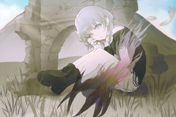 1girl anli_(jwcpp4sum0mgk5r) bang_dream! bang_dream!_it&#039;s_mygo!!!!! black_boots black_shirt blue_eyes boots chinese_commentary closed_mouth commentary_request grass heterochromia highres kaname_raana layered_sleeves long_sleeves medium_hair ruins shirt short_over_long_sleeves short_sleeves sitting solo white_hair white_shirt yellow_eyes