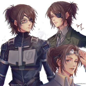 1other adjusting_eyewear bolo_tie brown_eyes brown_hair character_name chest_harness closed_mouth collared_shirt commentary english_commentary glasses goggles goggles_on_head green_jacket hange_zoe harness highres jacket medium_hair military_jacket multiple_views parted_bangs parted_lips ponytail shibaruirui shingeki_no_kyojin shirt sweatdrop three-dimensional_maneuver_gear twitter_username upper_body white_background white_shirt