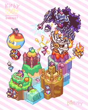 aircraft angel_wings anniversary artist_name ball beachball beanbon blush blush_stickers bubble castle character_name character_request claws closed_eyes closed_mouth copyright_name fire floating flying food fruit grin grindarr highres holding holding_polearm holding_weapon hot_air_balloon king_dedede kirby kirby_(series) kirby_mass_attack lava marx_(kirby) melon moley necrodeus nintendo oohroo open_mouth partially_submerged polearm red-framed_eyewear shadow skull skullord skully smile star_(symbol) striped_background sunglasses swimming teeth torkirby tortletummy two-tone_background v-shaped_eyebrows volcano weapon wings