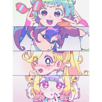 4girls :3 :d blonde_hair blue_eyes blue_hair blunt_bangs blush bright_pupils brown_gloves carron_(pretty_series) chimumu column_lineup commentary_request design_speculation double_bun gloves hair_between_eyes hair_bun hand_up hanitan heart heart_in_eye highres holding holding_removed_eyewear long_hair looking_at_viewer multicolored_hair multiple_girls open_mouth patano_(pretty_series) pink_eyes ponytail portrait pretty_series purple_hair short_hair smile surprised sweatdrop symbol_in_eye tsujii_luki unworn_eyewear waccha_primagi! white_hair white_pupils wide-eyed