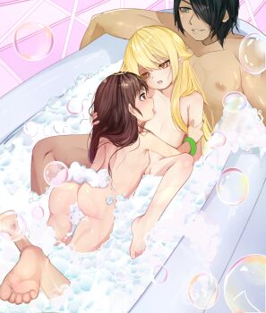 1boy 2girls absurdres araragi_koyomi ass bakemonogatari barefoot bath bathing bathroom bathtub bisexual_female black_hair blonde_hair blush boy_and_girl_sandwich bracelet breasts brown_eyes collarbone completely_nude convenient_censoring feet flat_chest from_above from_side grey_eyes hachikuji_mayoi hair_between_eyes hair_flaps hair_over_breasts hair_over_one_breast hair_over_one_eye hair_over_shoulder hand_in_another's_hair hand_on_another's_arm hand_on_another's_head hetero highres in_bathtub indoors jewelry knee_blush leaning_on_person licking licking_nipple lips loli long_hair looking_at_another lying_on_another meemz_a monogatari_(series) multiple_girls nipple_stimulation nipples nude open_mouth oshino_shinobu parted_lips pointy_ears pussy ringed_eyes sandwiched shared_bathing short_hair shoulder_blush sideboob sidelocks smile soap soap_bubbles soap_censor soles spread_legs thighs tiles toes very_long_hair wet wet_hair yellow_eyes