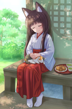 1girl absurdres animal animal_ear_fluff animal_ears animal_on_lap blush brown_hair cat cat_ears closed_eyes closed_mouth commentary_request day facing_viewer full_body hakama hakama_skirt highres iroha_(iroha_matsurika) japanese_clothes kimono long_hair long_sleeves miko mutsuki_(iroha_(iroha_matsurika)) no_shoes on_lap original outdoors own_hands_together red_hakama round_window skirt smile socks solo tabi tree very_long_hair white_kimono white_socks wide_sleeves window