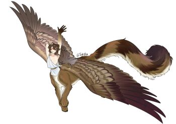 1girl animal_ears armpits artist_name bare_shoulders breasts brown_fur brown_hair centauroid claws cleavage closed_eyes closed_mouth collarbone colored_extremities commentary crossed_bangs feathered_wings floating flying full_body hair_between_eyes highres large_breasts large_tail long_hair monster_girl original sidelocks simple_background solo sphinx tabitha_qu tail taur toga very_long_hair white_background wings