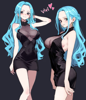 1girl absurdres black_background black_dress blue_hair blush breasts commentary_request dress earrings grey_eyes heart highres hoop_earrings jewelry kasumi_6 large_breasts long_hair looking_at_viewer multiple_views nefertari_vivi one_piece see-through_cleavage see-through_clothes short_dress sleeveless sleeveless_dress smile very_long_hair