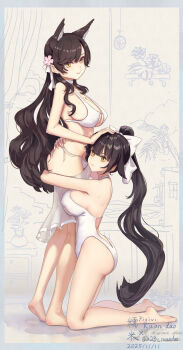 2girls absurdres animal_ears artist_name atago_(azur_lane) atago_(summer_march)_(azur_lane) azur_lane bikini black_hair bow casual_one-piece_swimsuit choker dated extra_ears flower full_body hair_bow hair_ears hair_flaps hair_flower hair_ornament halterneck hand_on_another&#039;s_head highres hug kneeling long_hair looking_at_viewer multiple_girls official_alternate_costume one-piece_swimsuit pixiv_username ponytail ribbon ruan_dao sarong smile swept_bangs swimsuit takao_(azur_lane) takao_(beach_rhapsody)_(azur_lane) white_bikini white_bow white_choker white_one-piece_swimsuit white_ribbon white_sarong