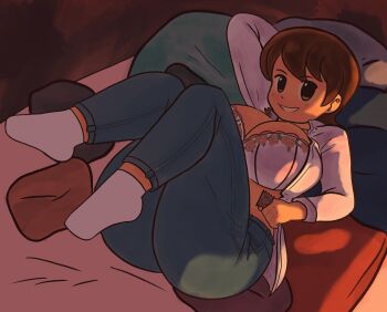 1girl aioi_yuuko arm_behind_head bed_sheet blue_pants bra breasts brown_hair condom condom_wrapper dozo_gon highres holding holding_condom imminent_penetration in_bed jacket large_breasts legs_up looking_at_viewer nichijou open_clothes open_jacket pants pillow short_hair smile smug socks solo teeth underwear white_bra white_jacket white_socks