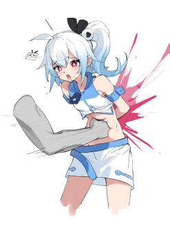 1boy 1girl absurdres ahoge arm_cuffs arms_behind_back bare_shoulders belt bili_girl_33 bilibili black_bow blood blood_splatter blue_belt blue_hair bow bright_pupils chinese_commentary commentary_request crop_top cropped_legs cropped_shirt deep_skin disembodied_hand double-parted_bangs drooling flipped_hair furrowed_brow gradient_hair hair_bow hair_flaps hair_ornament highres huichaz light_blush long_hair microskirt midriff motion_lines multicolored_hair open_mouth original pain petite punching red_eyes ryona saliva shirt side_ponytail simple_background skirt sleeveless sleeveless_shirt solo solo_focus speed_lines sphere_hair_ornament stomach_punch sweat tongue tongue_out two-tone_hair violence white_background white_hair white_pupils white_shirt white_skirt xiao_dianshi