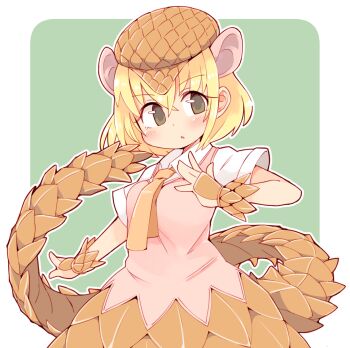 1girl animal_ears blush border brown_eyes brown_hat collared_shirt commentary_request cowboy_shot crossed_bangs extra_ears fingerless_gloves giant_pangolin_(kemono_friends) gloves green_background hair_between_eyes hand_up hat ini_(inunabe00) kemono_friends looking_at_viewer necktie open_mouth orange_gloves orange_necktie orange_skirt outline outside_border pangolin_ears pangolin_tail shirt short_sleeves sidelocks simple_background skirt solo tail white_border white_outline white_shirt