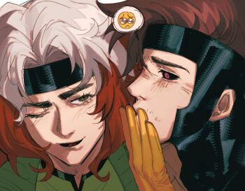 1boy 1girl black_headband black_sclera blush bodysuit brown_hair colored_sclera covering_own_mouth cowl emoji gambit gloves green_bodysuit green_eyes hand_over_own_mouth headband helado_jpg highres marvel multicolored_hair one_eye_closed pleading_face_emoji portrait purple_eyes red_lips rogue_(x-men) smile superhero_costume two-tone_hair white_hair x-men x-men:_the_animated_series yellow_gloves