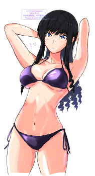 1girl absurdres alternate_costume amagami armpits arms_behind_head arms_up bikini black_hair blue_eyes blush breasts cleavage commentary_request cowboy_shot curly_hair dated drill_hair gluteal_fold highres large_breasts long_hair looking_at_viewer mitojyaneeeeyo morishima_haruka navel purple_bikini side-tie_bikini_bottom signature simple_background solo string_bikini swimsuit white_background