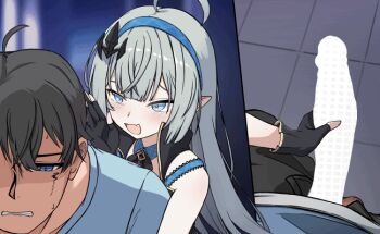 1boy 1girl ahoge animated animated_gif black_gloves black_hair blue_eyes blue_hairband censored character_request closed_mouth female_tyrant_(stella_sora) fingerless_gloves gloved_handjob gloves grey_hair hairband handjob loli long_hair open_mouth pointy_ears stella_sora tile_floor tiles tyrant_(stella_sora) xandier59