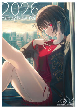 1girl 2026 animal_print black_hair black_jacket border breasts chinese_zodiac city collarbone commentary curtains dress earclip feet_out_of_frame gold_necklace gold_ring happy_new_year highres horse_print jacket jewelry knee_up koh_rd leg_up long_sleeves looking_at_viewer medium_breasts multiple_rings necklace nengajou new_year open_clothes open_jacket original parted_lips print_jacket red_dress red_eyes ring short_dress short_hair signature sitting sky skyline solo white_border window windowsill year_of_the_horse