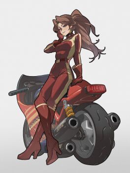 1girl biker_clothes blue_eyes bodysuit breasts brown_hair daniel_deng earrings eyeshadow gold_earrings highres jewelry long_hair looking_at_viewer mach_rocket_(mario) makeup mario_(series) mario_kart mario_kart_world medium_breasts motor_vehicle motorcycle nintendo open_mouth pauline_(aero)_(mario) pauline_(mario) ponytail purple_eyeshadow red_bodysuit red_lips smile solo thighs