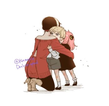 1boy 2girls aged_down ahoge anya_(spy_x_family) bare_shoulders black_dress black_hair black_pantyhose black_shoes blonde_hair blue_eyes blush boots child dress full_body grey_boots grey_shorts hairband hairpods high_heel_boots high_heels highres hug mary_janes medium_hair multiple_girls off-shoulder_dress off_shoulder pantyhose pink_hair red_dress shirt shoes short_hair shorts socks spy_x_family suspenders sweater sweater_dress tears tori_(runrunpiia) twilight_(spy_x_family) twitter_username updo white_background white_hairband white_shirt white_socks yor_briar