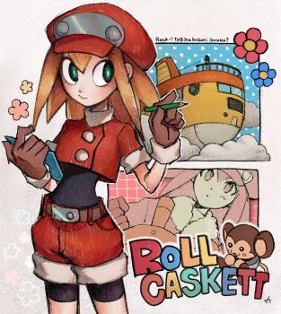 1girl black_bodysuit blonde_hair bodysuit bodysuit_under_clothes brown_gloves newsboy_cap cowboy_shot cropped_jacket data_(mega_man) gloves green_eyes hat highres karen_(karenoni1031) medium_hair mega_man_(series) non-humanoid_robot red_hat red_shorts robot robot_animal roll_caskett_(mega_man) shorts solo_focus