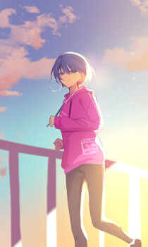 1girl absurdres black_pants black_shoes blue_eyes blue_hair blurry blurry_background breasts breath cloud cloudy_sky cold commentary drawstring evening foot_out_of_frame from_side hair_behind_ear hair_between_eyes hatori_naco highres hood hood_down hoodie kiritani_haruka long_sleeves looking_at_viewer looking_to_the_side outdoors pants parted_lips pink_hoodie project_sekai puff_of_air railing running shoes short_hair sky sleeves_past_wrists small_breasts solo sunlight sunset symbol-only_commentary track_pants